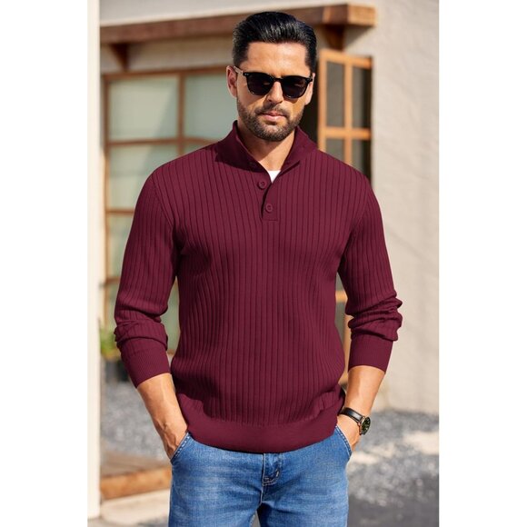 Men's Quarter Button Sweater Long Sleeve Stand Collar Sweater Knitted Wine Red - Picture 2 of 5